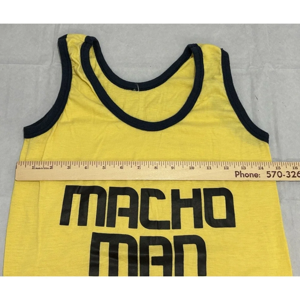 Vintage Yellow Tank Top with Black Trim and 'Macho Man' Graphic